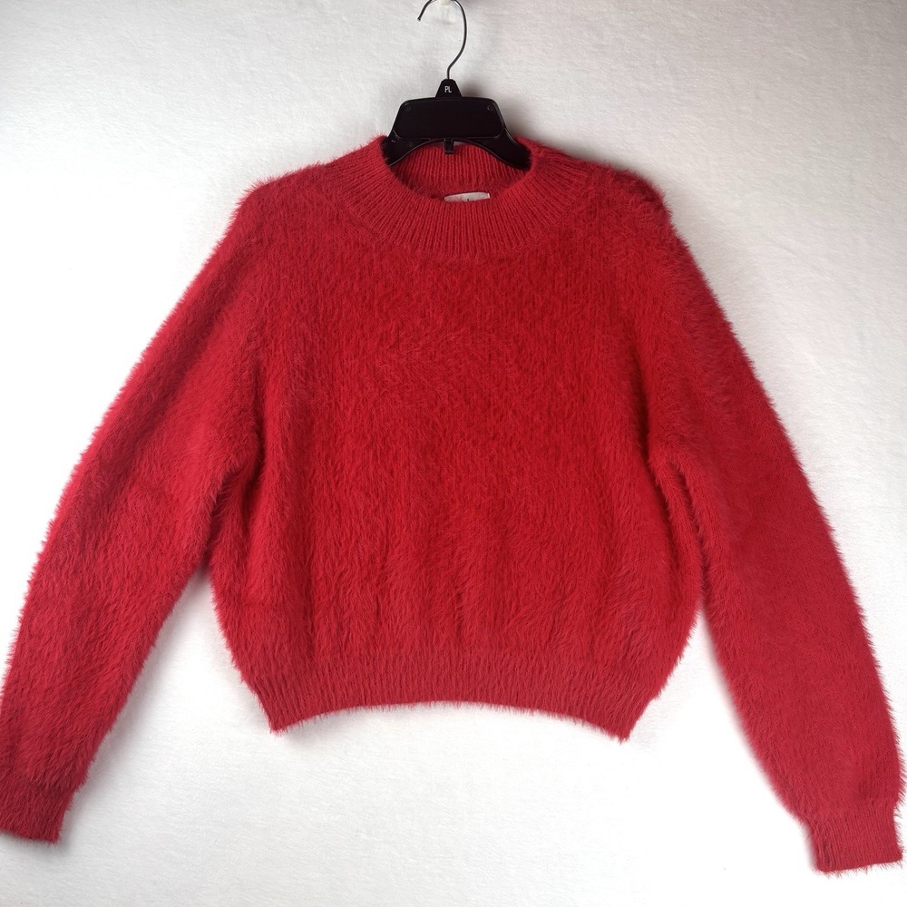 Lili Sidonio Molly Bracken Red Sweater Crew Neck Crop Fuzzy Pullover Large